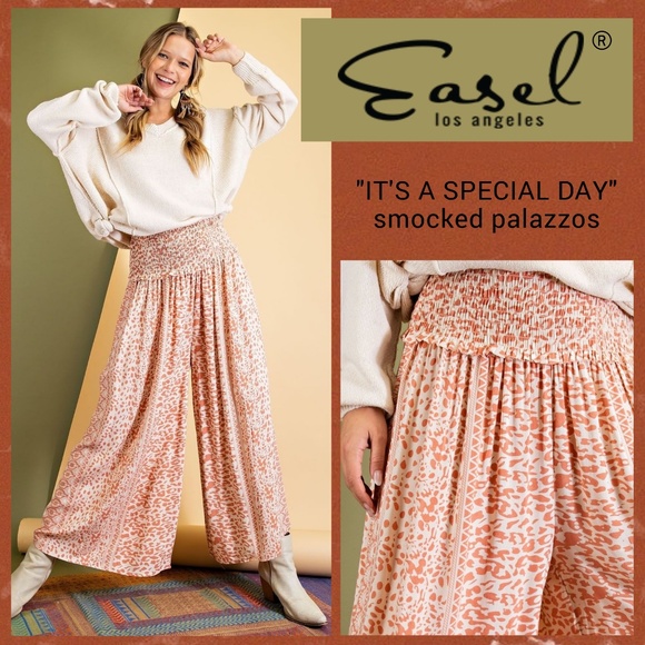 easel Pants & Jumpsuits Easel Its A Special Day Smocked Waist Wide Leg Pleated Flowy Palazzo